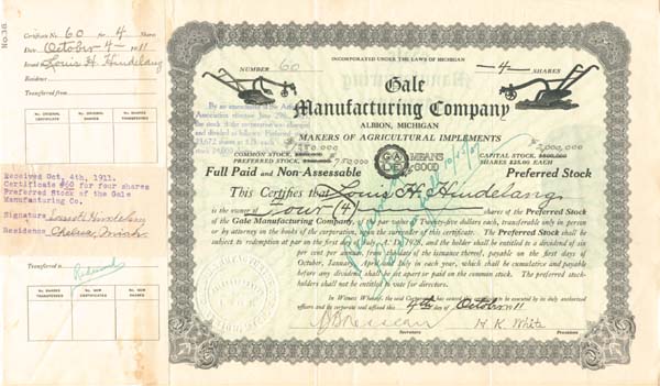 Gale Manufacturing Co. - Stock Certificate